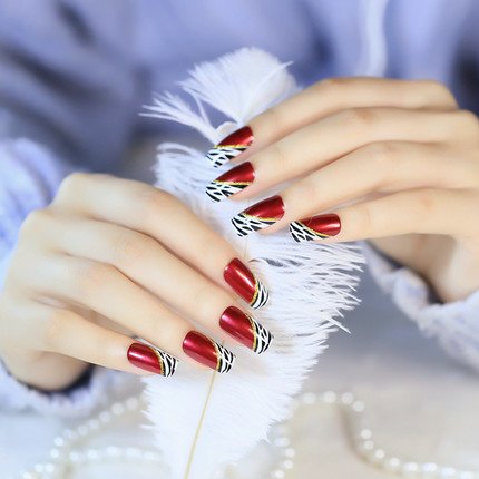 YUNAI 24 PCS Medium Length Full Cover False Nails French Ellipse Red Wine Oblique Leopard Fake Nails