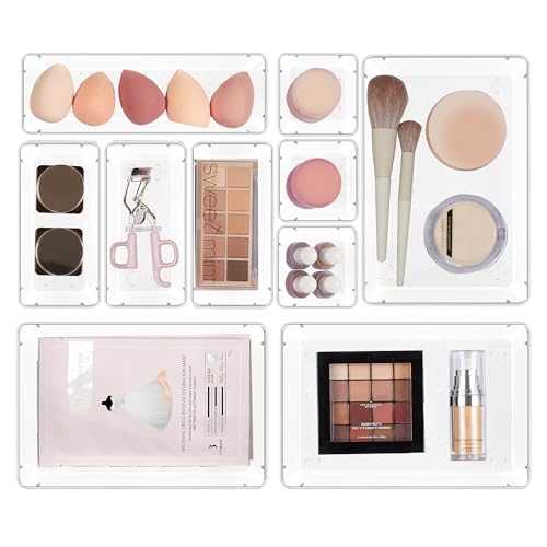 Vtopmart 10 Pcs Makeup Drawer Organizer Bins Set, 4 Size Plastic Makeup and Vanity Organizer Trays, Clear Acrylic Vanity Storage Containers Beauty and Personal Care Vtopmart Default Title