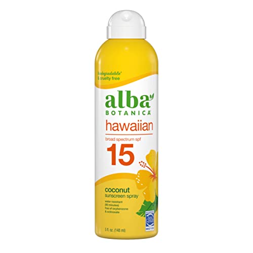 Alba Botanica Sunscreen Spray for Face and Body, Broad Spectrum SPF 15 Sunscreen, Hawaiian Coconut, Water Resistant and Biodegradable, 5 fl. oz.