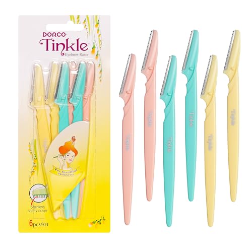 Tinkle Dermaplaning Tool 6ct, Dermaplane Razor for Women, Safe and Easy Peach Fuzz Remover, Eyebrow Trimmer with Protective Cover, Stocking Stuffers