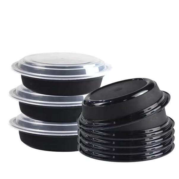VeZee 48oz Disposable Black Meal Prep/Bento Box with Clear Dome Lids - Round Plastic Meal Containers - Leak Proof and Reusable Box : Perfect…