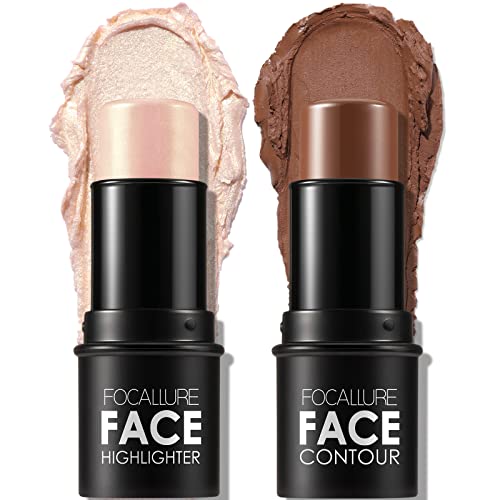 FOCALLURE 2 Pcs Contour Foundation Stick, Highlighter & Bronzer Pen, Face Brightens & Shades Pencil, Highlighting Shade Longwear Makeup, Highlight