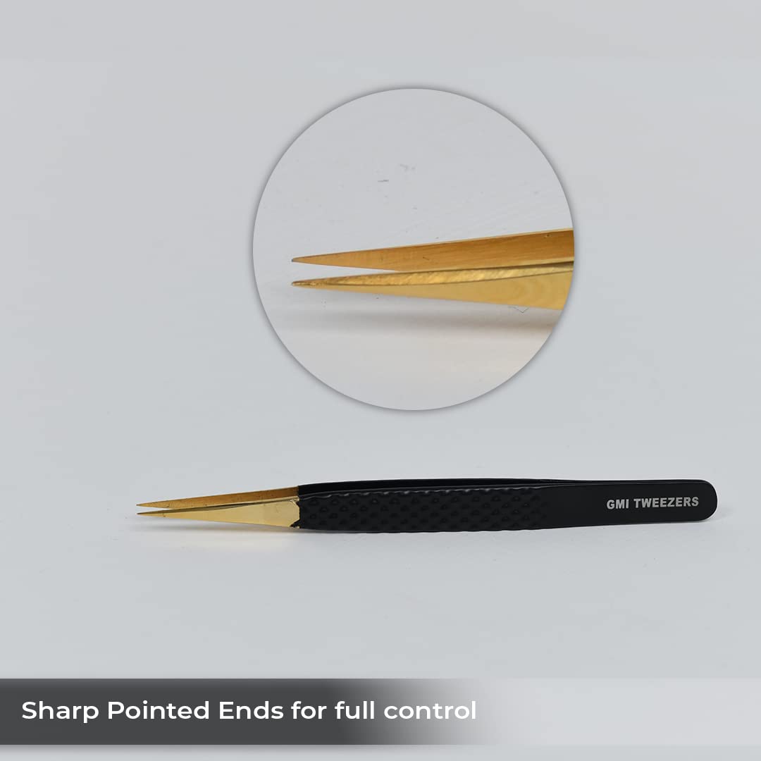 2pcs Black Straight and L-Shaped (Boot) Gold Pointed Eyelash Tweezers for Lash Extension - Stainless Steel Precision Tweezers for Volume and Classic