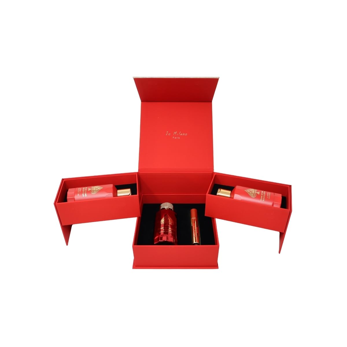 Jo Milano Game of Spades ROUGE EXTRAIT 4-Piece Gift Set Unisex, (3.4 Oz Extrait de Parfum Spray + 6.8 Oz Body Cleanser + 6.8 Oz Body Cream + 0.27 Oz