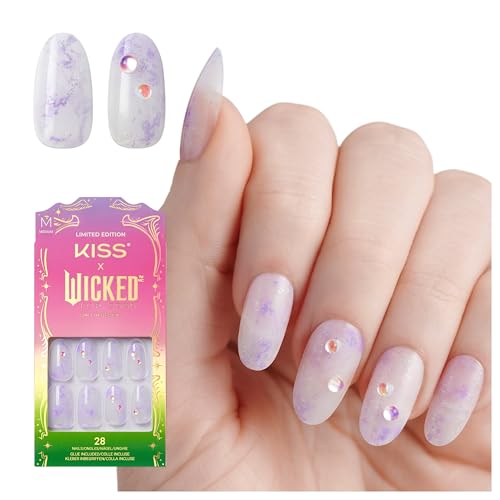 KISS X WICKED: FOR GOOD Press On Nails, ‘Bubble Of Brilliance’, Purple, Medium Oval, Waterproof, Chip Proof, Smudge Proof, 28 Fake Nails, Pink Gel Beauty & Personal Care KISS