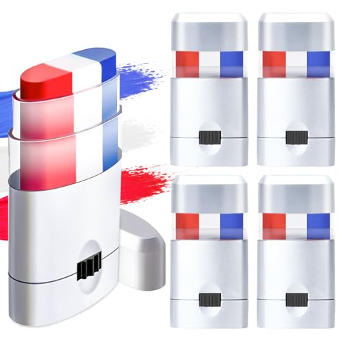 4 Pack Red White Blue Face Paint, USA Flag Color Stripe Stick, Patriotic Face Body Painting for Sports Parties, 4th of July, Parades Accessories