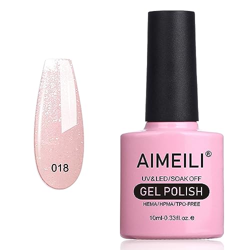 AIMEILI Soak Off U V LED Gel Nail Polish, Hema Free, Cruelty Free, Vegan Nail Art - Sparkle Grapefruit (018) 10ml
