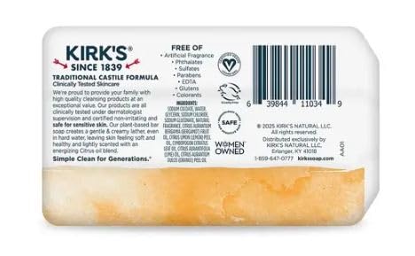 Kirk's 100% Premium Coconut Oil Castile Bar Soap, Citrus Twist, 3 Bars, 4 oz (113 g) Each