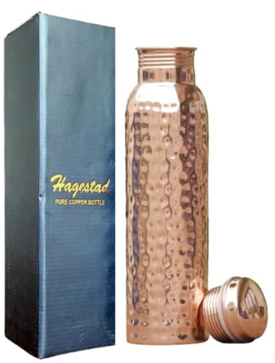 Hammered Copper Bottle 34oz, Leakproof Ayurvedic Copper Vessel for Yoga, Gym, Sports, Travel & Daily Use