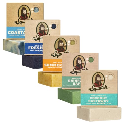 Dr. Squatch Natural Men’s Bar Soap - Cold Process Body Soap Bar with Natural Oils - Gifts for Men - Summer Citrus, Coconut Castaway, Fresh Falls