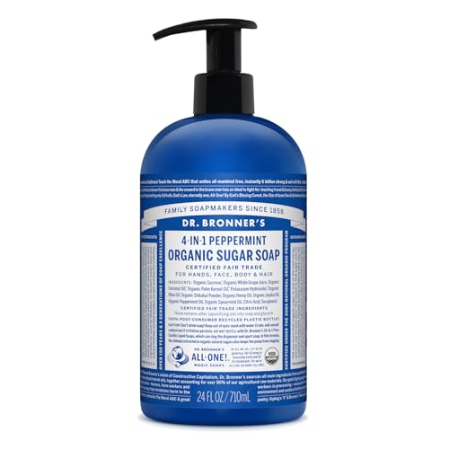 Dr. Bronner's - Organic Sugar Soap (Peppermint, 24 Ounce) - Made with Organic Oils, Sugar & Shikakai Powder, 4-in-1 Uses: Hands, Body, Face & Hair