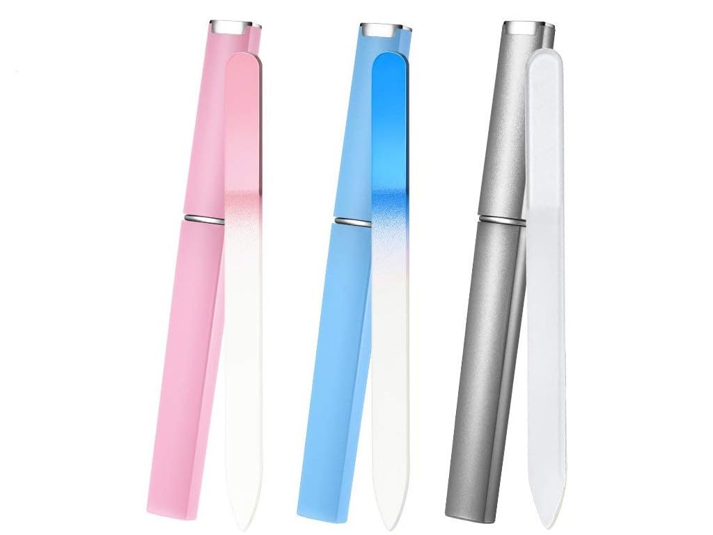 Aoshang 3 Pack Glass Nail File, Crystal Double Sided Etched Filing Surface Finger Nail Files for Professional Manicure/Pedicure Care with Case