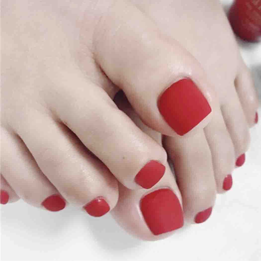 Outyua Red Square Fake Toenails Matte Press on Toe Nails Short Acrylic False Toes Nails Artificial Beach Full Cover Toenail for Women 24 Pcs (Red)