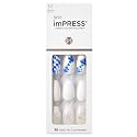 KISS Impress No Glue Mani 30 Pcs Press on Nails, White Nails with Glitter, Blue Tie-Dye Design, Medium Size, Coffin Shape Simple Peel & Press Easy Beauty & Personal Care KISS