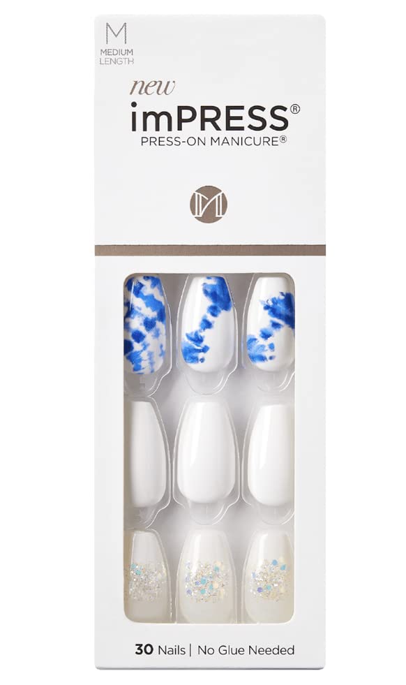 KISS Impress No Glue Mani 30 Pcs Press on Nails, White Nails with Glitter, Blue Tie-Dye Design, Medium Size, Coffin Shape Simple Peel & Press Easy Beauty & Personal Care KISS