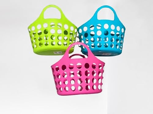 Greenbrier KDZO Set of 3 Colorful Plastic Totes with Handles in Teal, Blue, & Hot Pink Plastic Carrying Basket, Beach, Grocery Carrying Tote, Nesting…
