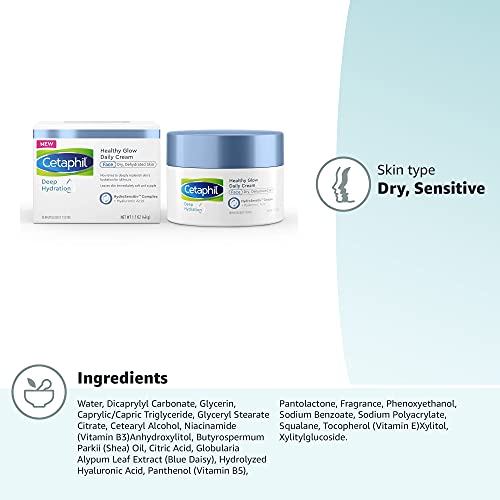 Cetaphil Deep Hydration Healthy Glow Daily Face Cream, 1.7 oz, 48 Hour Dry Skin Face Moisturizer for Sensitive Skin, With Hyaluronic Acid, Vitamin E