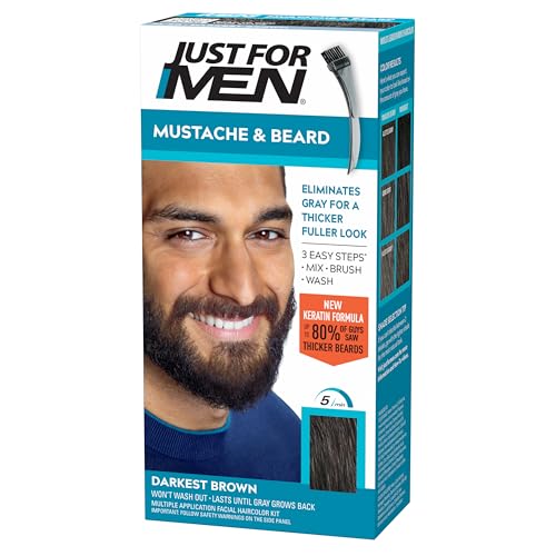 Just For Men Mustache & Beard, Beard Coloring for Gray Hair with Brush Included, With Keratin Biotin Aloe and Coconut Oil for Healthy Facial Hair