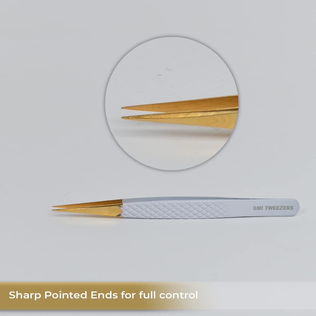 2pcs White Straight and L-Shaped (Boot) Gold Pointed Eyelash Tweezers for Lash Extension - Stainless Steel Precision Tweezers for Volume and Classic