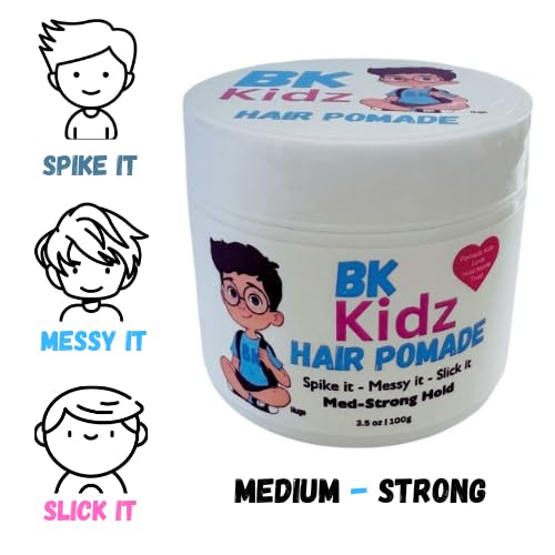 Boys Hair Pomade BK Kidz 3.5 oz - Strong Hold Gentle Formula for Kids Toddlers, Water-Based Easy Washout, Long-Lasting Styling