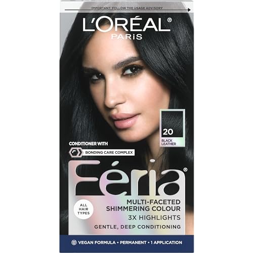 L'Oreal Paris Feria Multi-Faceted Shimmering Permanent Hair Color, 20 Black Leather (Natural Black), Pack of 1 Hair Dye Kit