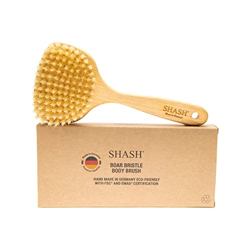 SHASH Since 1869 Hand Made in Germany - Smooth 100% Boar Bristle Body Brush, Gently Exfoliates Skin for a Softer, Smoother Complexion, Dry Brush Body