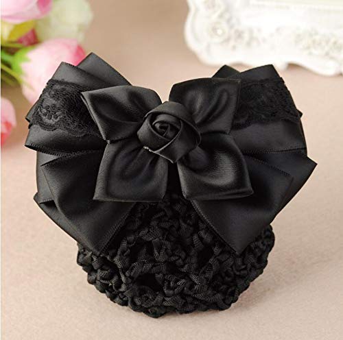 Women Hair Bun Cover Net Snood Hairnet Bowknot Decor Satin Bow Barrette French Hair Clip Bow Ribbon Flower Hair Accessories For Stewardess Banks