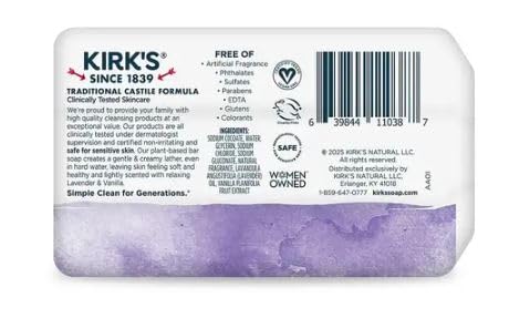 Kirk's 100% Premium Coconut Oil Castile Bar Soap, Lavender & Vanilla, 3 Bars, 4 oz (113 g) Each