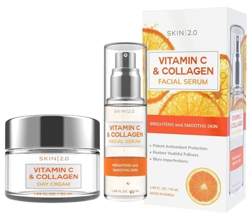 Skin 2.0 Vitamin C & Collagen Serum & Day Cream Set - Anti-Aging, Dark Spot Remover & Brightening - Dermatologist Tested Korean Skincare - Clean