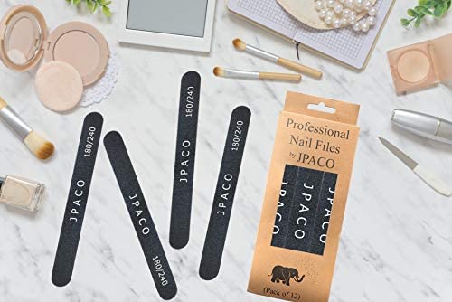 12-Pack Professional Nail Files: Double-Sided Emery Boards for Natural, Acrylic, Poly, and Gel Nails - Washable Black Manicure Tools Set by JPACO