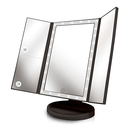 Beautyworks Backlit Makeup Vanity Mirror 36 LED Lights Touch-Screen Light Control, Tri-Fold 1/2/3X Magnification, Portable High-Definition Cosmetic