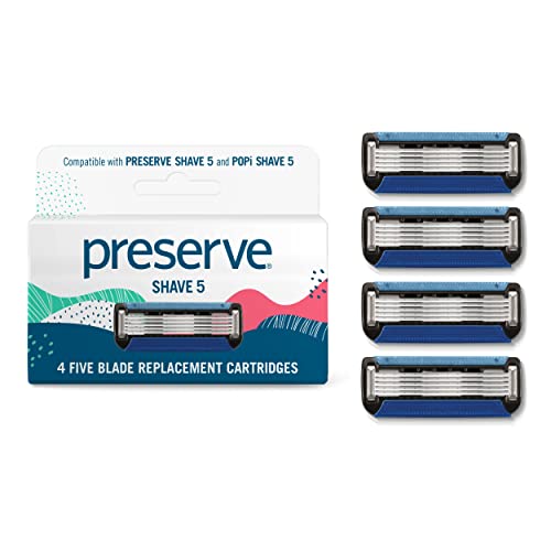 Preserve Shave 5 Razor Blades Refills - 5 Blade Razors for Men & Women - Ceramic Coated Shavers for Comfort with Aloe-Cocoa Butter Strip - Reusable
