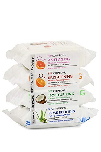 Spascriptions™ Anti-Aging, Brightening, Moisturizing & Pore Refining Towelettes Removes Waterproof Makeup, Revives with Collagen, Vitamin C, Coconut