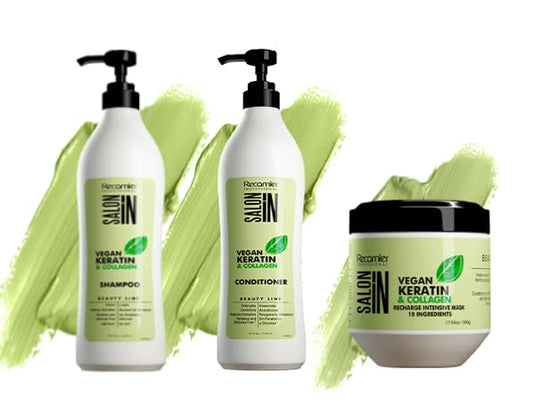 Salon In by Recamier | Vegan Keratin & Collagen 3-Piece Hair Set with Shampoo (33.8 fl oz / 1000 ml), Conditioner (33.8 fl oz / 1000 ml), and Recharge