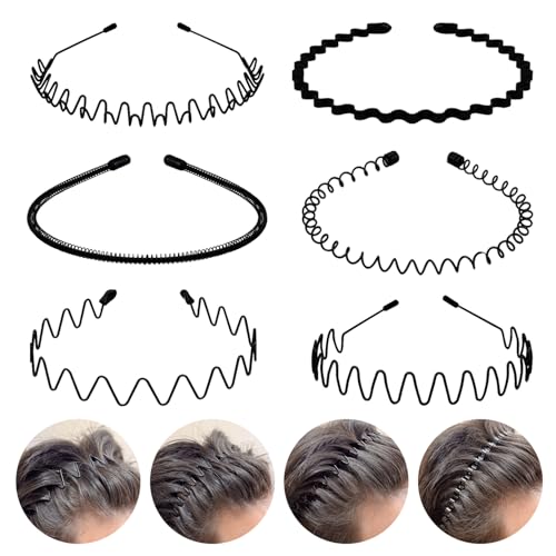 fenshine 6PCS Metal Hair Bands, Spring Wavy Hoop Unisex Black Headband Slicked Back Non Slip Sports Hairband for Women Men… Beauty and Personal Care fenshine Default Title
