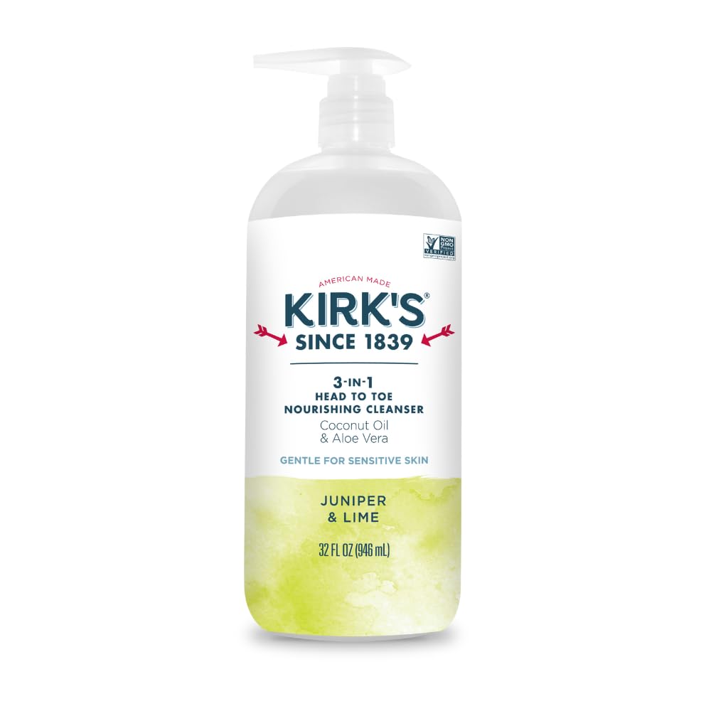 Kirk's 3-in-1 Head to Toe Nourishing Liquid Cleanser- for Men, Women & Children - Premium Coconut Oil & Aloe Vera- Non GMO & Vegan -Juniper & Lime
