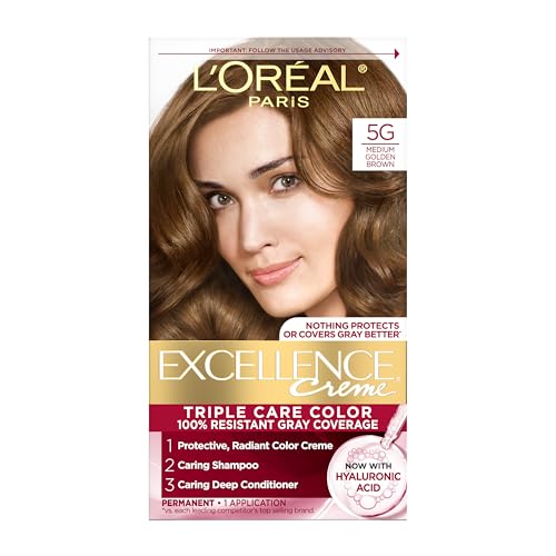 L'Oreal Paris Excellence Crème Permanent Hair Dye, Triple Care Hair Color with Pro-Keratine Complex for 100% Gray Hair Coverage, 5G Medium Golden
