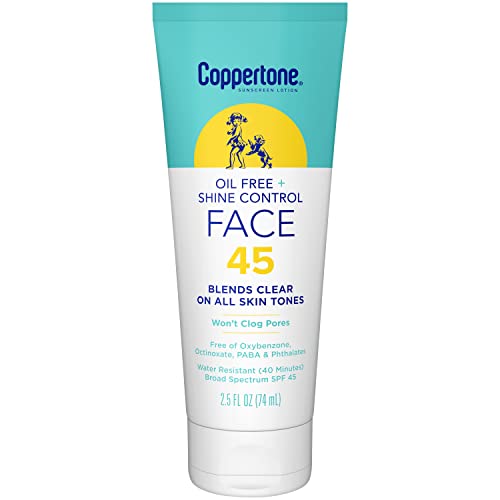 Coppertone Oil Free + Shine Control Sunscreen Face Lotion SPF 45, Lightweight Sunscreen for All Skin Tones, Won't Clog Pores, Fragrance Free, 2.5 Fl