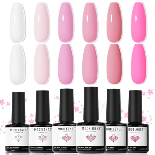 modelones Gel Nail Polish Set, 6 Colors 2026 Mothersday Light Soft Pink White Nude Pink Gel Polish Soak Off Nail Art Design Manicure Kit Salon DIY Beauty and Personal Care modelones Default Title
