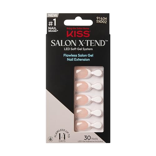 Kiss Salon X-tend, Press-On Nails, Nail glue included, 'Nonsense', Light White, Short Size, Almond Shape, Includes 30 Nails, 5Ml Led Soft Gel Beauty & Personal Care KISS