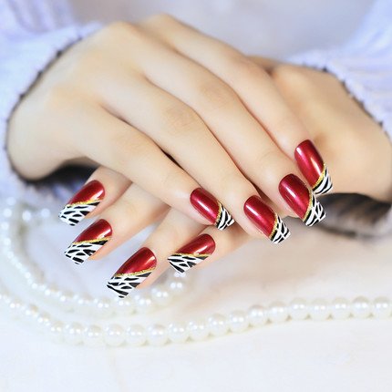 YUNAI 24 PCS Medium Length Full Cover False Nails French Ellipse Red Wine Oblique Leopard Fake Nails