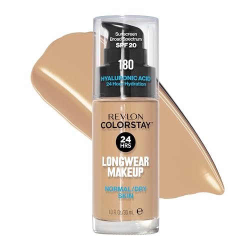 Revlon Liquid Foundation, ColorStay Face Makeup for Normal & Dry Skin, SPF 20, Longwear Medium-Full Coverage with Natural Finish, 180 Sand Beige, 1 fl