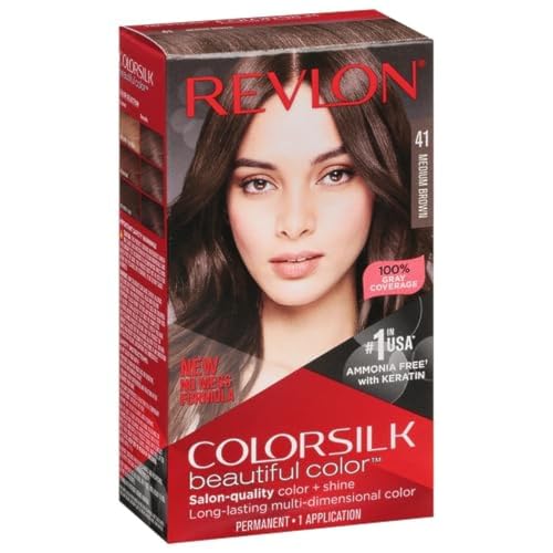 Permanent Hair Color by Revlon, Permanent Hair Dye, Colorsilk with 100% Gray Coverage, Ammonia-Free, Keratin and Amino Acids, 41 Medium Brown, 4.4 Oz