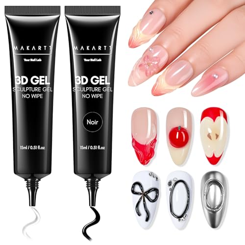 Makartt 3D Gel Nail Art Set - Clear & Noir Sculpting Gel for DIY Embossed Nail Designs - No Wipe Easy-Squeeze Tube Nail Glue for 3D Drawing, Molding Beauty and Personal Care Makartt Default Title