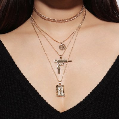 FXmimior Multilayer Necklace Silver Medal Pistol Charm Pendant Alloy Chic Necklace Gift for Her
