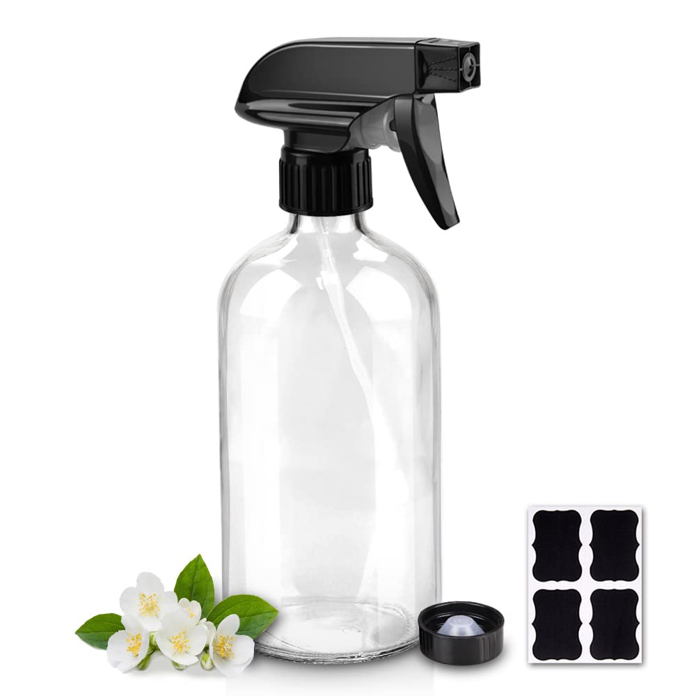 Worldgsb Glass Spray Bottles, 16oz Refillable Containers, Empty Boston Round Bottles with Labels & Adjustable Nozzle for Cleaning, Gardening Beauty and Personal Care Worldgsb