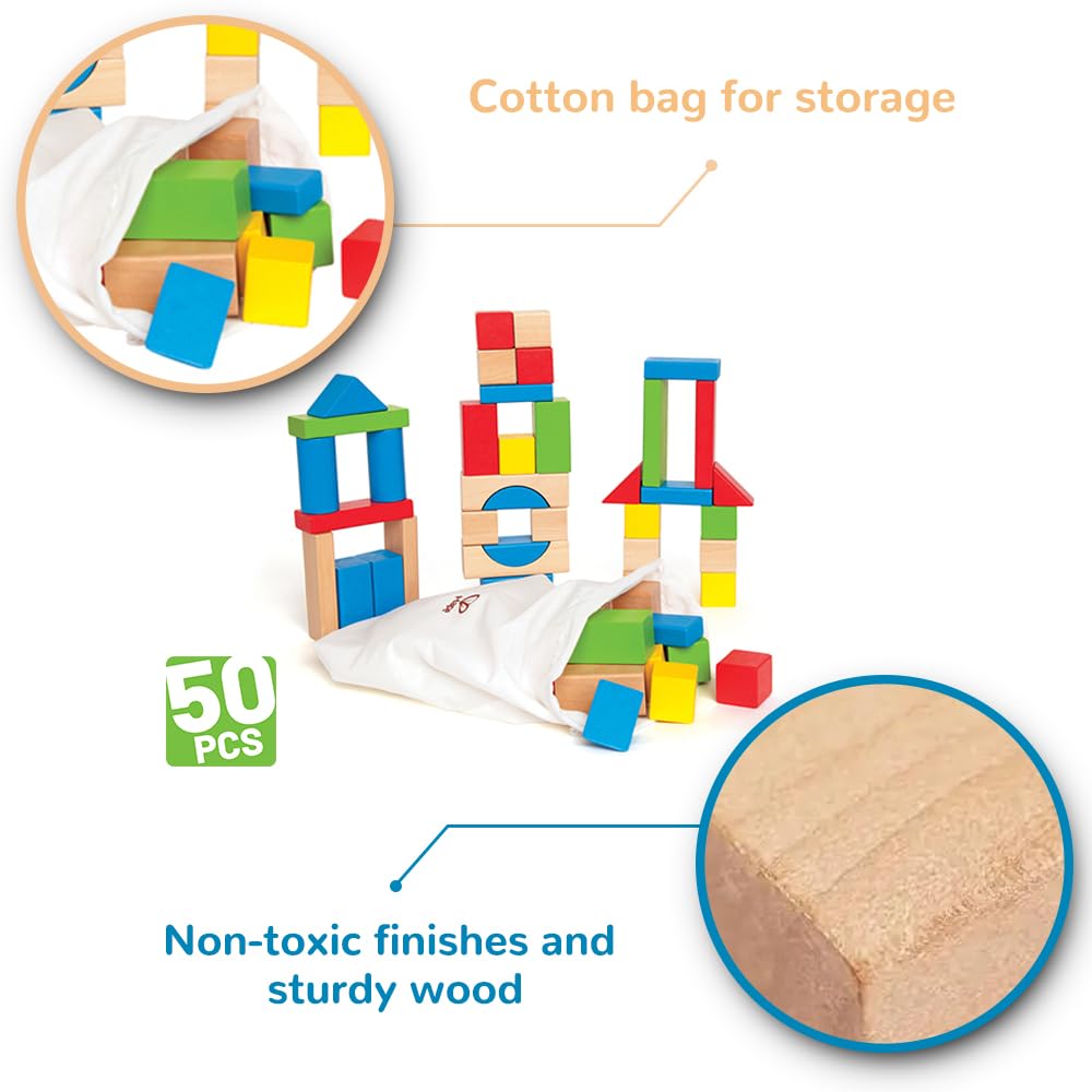 Hape Maple Wood Kids Building Blocks – 50pc Brightly Colored Stacking ...