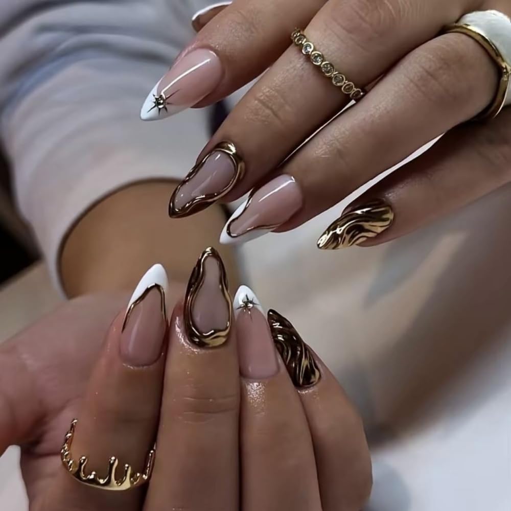 Medium Almond Press on Nails French Tips Nails Press on with 5D Star Charm Design Glossy Gold Lines Glue on Nails Metallic Golden Fake Nail Full Cover Beauty and Personal Care BLGTGH