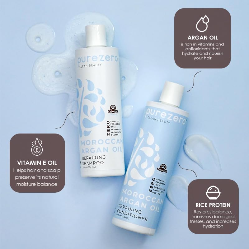 Purezero Moroccan Argan Oil Shampoo & Conditioner set - Repair Damaged Hair - Fight Dandruff & Frizz - Zero Sulfates, Parabens, Dyes, Gluten - 100%