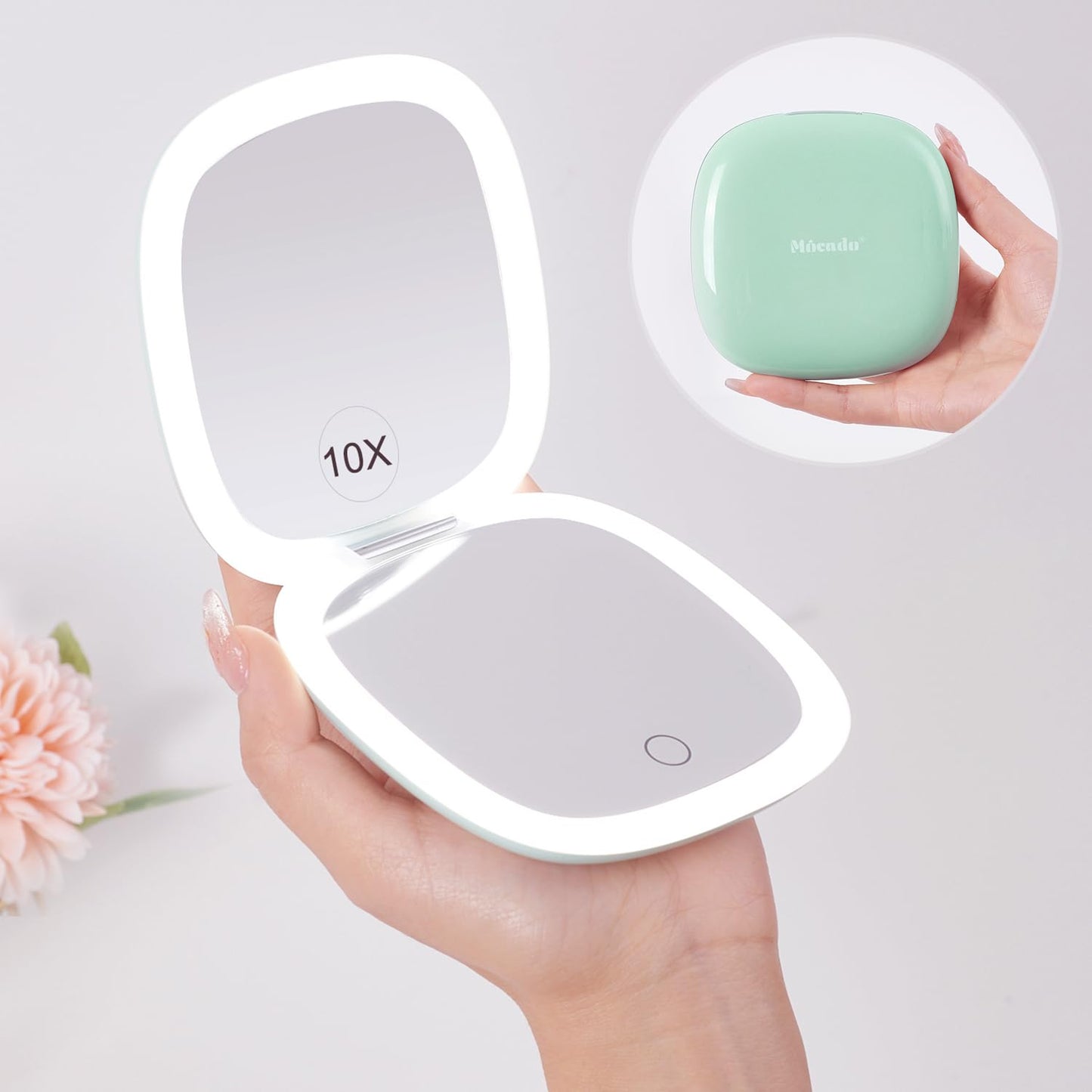 Mocado Compact LED Travel Makeup Mirror - 4 Inches 1X/10X Magnification Travel Mirror with Light Dimmable Double Sides Lighted USB Rechargeable